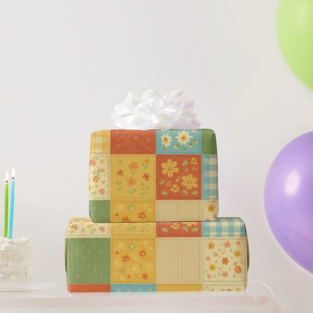 Papel De Regalo Colcha Amarilla de Parcheo Estilo Granja Rústica F (Regalos de fiesta)