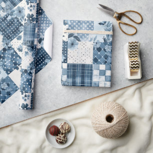 Papel De Regalo Colcha Azul Gingham Cottagecore Floral