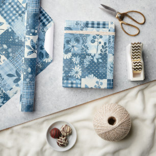 Papel De Regalo Colcha Azul Gingham Cottagecore Floral
