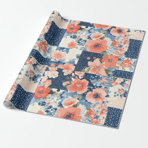 Papel De Regalo Colcha de patchwork floral americana en azul marin