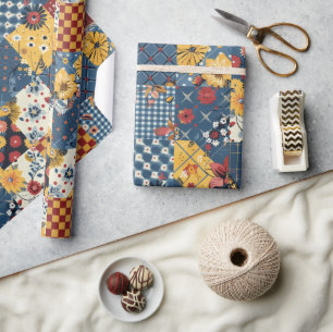 Papel De Regalo Colcha Floral Cottagecore Gingham Azul Amarillo Ro
