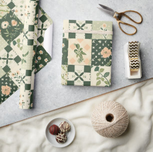 Papel De Regalo Colcha Verde Patchwork Antiguo Cuadro Geométrico