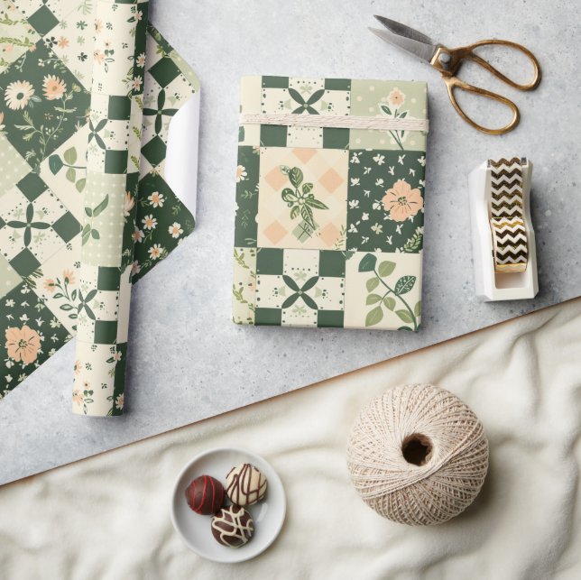 Papel De Regalo Colcha Verde Patchwork Antiguo Cuadro Geométrico (Artesanía)