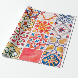 Papel De Regalo Colección de baldosas de cerámica acuarela. vintag