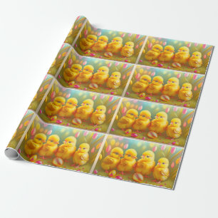Papel De Regalo Colección De Pollos Y Flores De Pascua