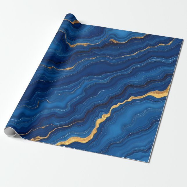 Papel De Regalo Colección moderna de mármol de oro azul (Desenrollado)