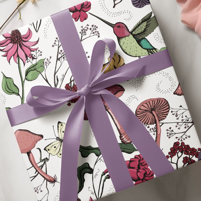 Papel De Regalo Colibrí de Jardín de Primavera encantado Floral (Vibrant enchanted garden with cute hummingbird, mushrooms, wildflowers and fairy vibe swirls. )