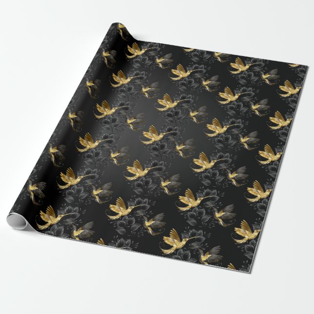 Papel De Regalo Colibrí negro y dorado (Desenrollado)