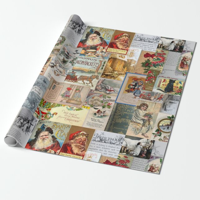 Papel De Regalo Collage de efímeras navideñas antiguas decoupage (Desenrollado)