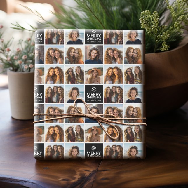 Papel De Regalo Collage de fotos Black and White Merry Christmas 8 (Personalized wrapping paper with photo collage)