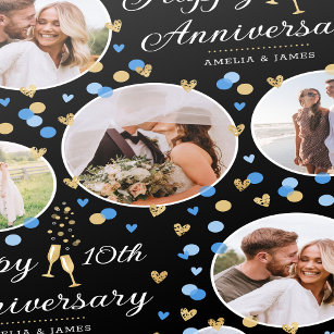 Papel De Regalo Collage de fotos de aniversario boda Oro Azul Negr