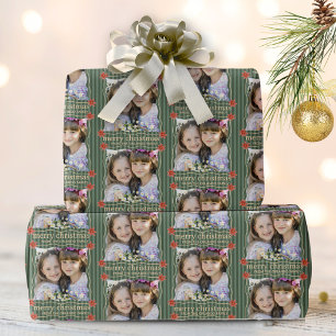 Papel De Regalo Collage de fotos de Feliz Navidad con rayas verdes