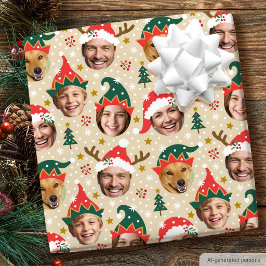 Papel De Regalo Collage de Fotos de Navidad Divertido Rostro Beige