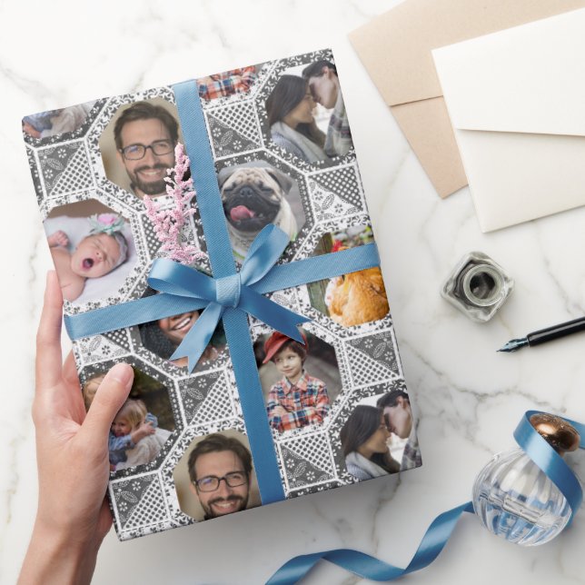 Papel De Regalo Collage de fotos Familiar Aspecto Gris Inclinación (Regalar)