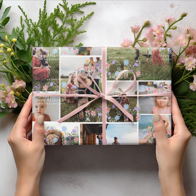 Papel De Regalo Collage de fotos Floral MOM | Foto personalizada 1 (Subido por el creador)
