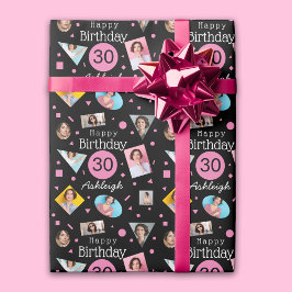 Papel De Regalo Collage de fotos negro rosado 30 cumpleaños