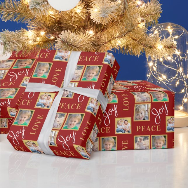 Papel De Regalo Collage de fotos Paz Amor Alegría Navidades Verdes (Vacaciones)