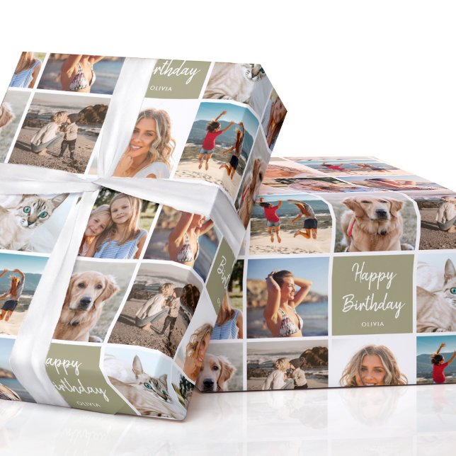 Papel De Regalo Collage de fotos personalizado Cumpleaños Verde Mo (Subido por el creador)