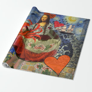 Papel De Regalo Collage de Mona Lisa Noche Estrellada: Surrealista