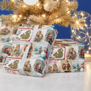 Papel De Regalo Collage navideño vintage con Santa y niños