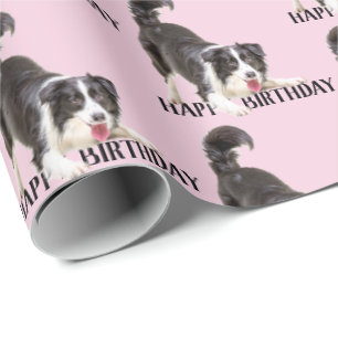 Papel De Regalo Collie de la frontera de cumpleaños en rosa