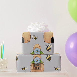 Papel De Regalo Colmena de Abejas Melíferas con Flor Azul y Abejas