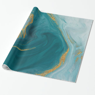 Papel De Regalo Color de agua Verde azulado y Geode de oro falso