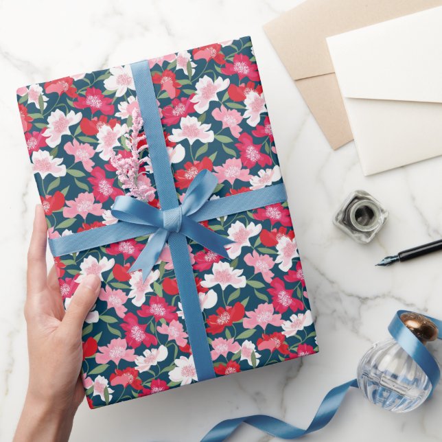 Papel De Regalo Color Rojo Floral Patrón Azul (Regalar)