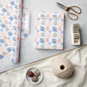 Papel De Regalo Colores acuáticos conchas de Navidades costeros