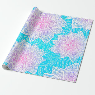 Papel De Regalo Colores azul y rosa adornados con flores sin costu