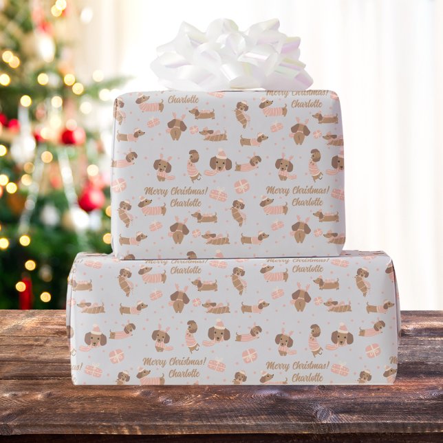 Papel De Regalo Colores editables Navidades rosados Dachshund con  (Subido por el creador)
