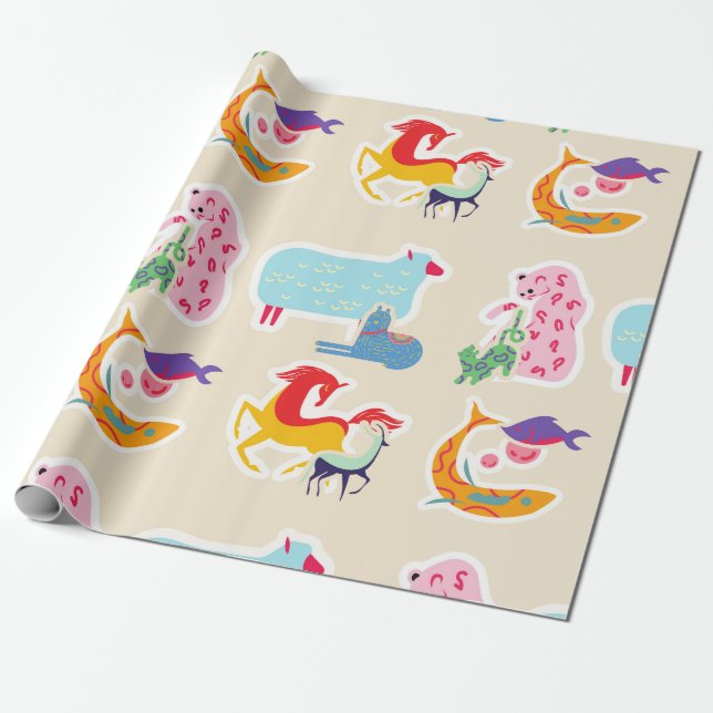 Papel De Regalo Colorful Fantasy Animals (Desenrollado)