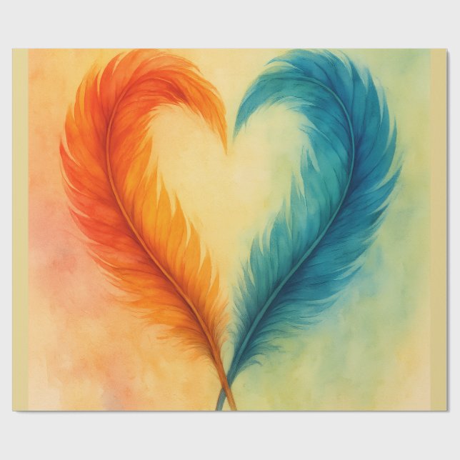 Papel De Regalo Colorful Feather Heart Watercolor Art (Superficie plana)