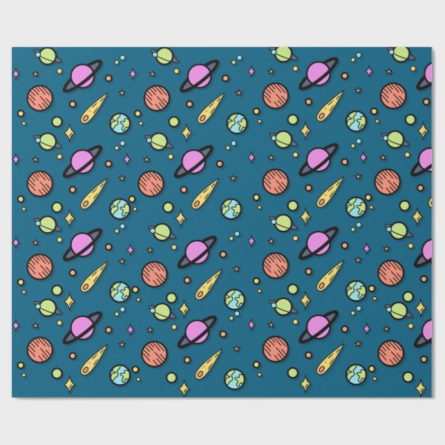 Papel De Regalo Colorful Space Doodle Wrapping Paper | Planets (Superficie plana)