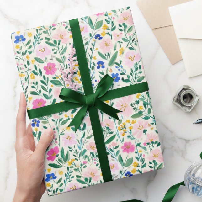 Papel De Regalo Colorful Wildflower Floral  (colorful fun wildflower floral gift wrap with pink flowers and greenery)