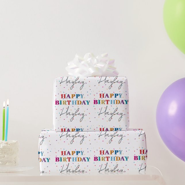 Papel De Regalo Colorido Happy Birthday Custom Name Confetti (Regalos de fiesta)