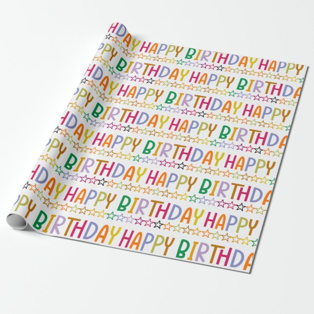 Papel De Regalo Colorido Happy Birthday Text and Stars Pattern (Desenrollado)
