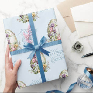Papel De Regalo Colorido Pastel Huevos de Pascua Patrón Floral Azu