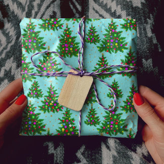 Papel De Regalo Coloridos árboles de Navidad azul