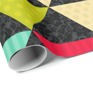 Papel De Regalo Coloridos Triángulos de Damasco Negro Tiras de pun
