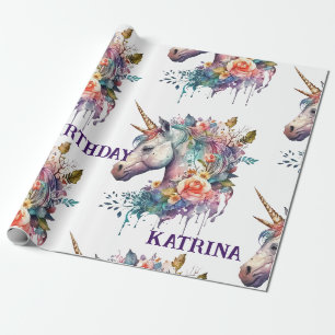 Papel De Regalo Colorosa acuarela morada mágica floral unicornio