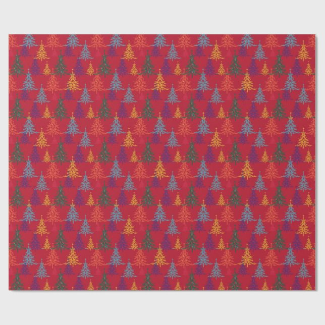 Papel De Regalo Colourful Christmas Trees Xmas Red (Superficie plana)
