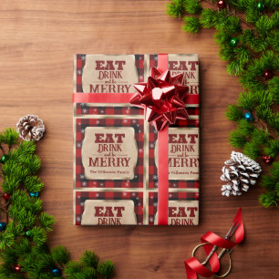 Papel De Regalo Come, Bebe y Alégrate Plaid Rojo Rústico de Navida