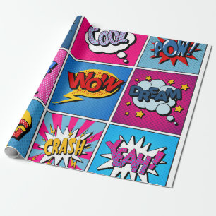 Papel De Regalo Comic Bubbles Set. Expresiones Bom, Guay, Pow, Oop