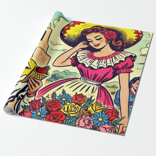 Papel De Regalo Comic De Pareja De Amor Retro (Desenrollado)