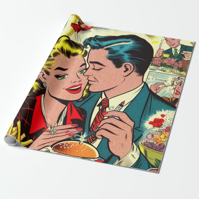 Papel De Regalo Comics de parejas de amor retro (Desenrollado)