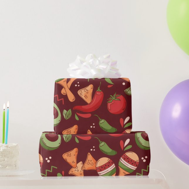 Papel De Regalo Comida Mexicana Roja y Verde (Regalos de fiesta)