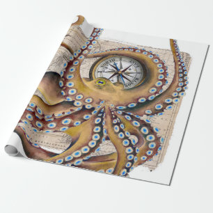 Papel De Regalo Compás del mapa del vintage del pulpo de Brown