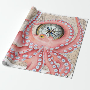 Papel De Regalo Compass de mapa de cosecha de pulpo rojo