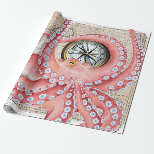 Papel De Regalo Compass de mapa de cosecha de pulpo rojo (Desenrollado)